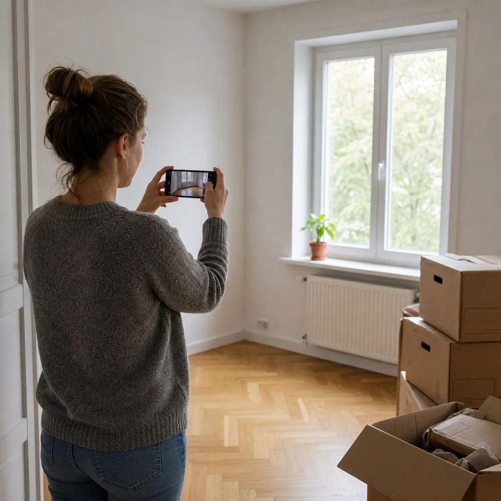 Person fotograferar ett tomt rum med mobilen vid utflytt, flyttkartonger i bakgrunden