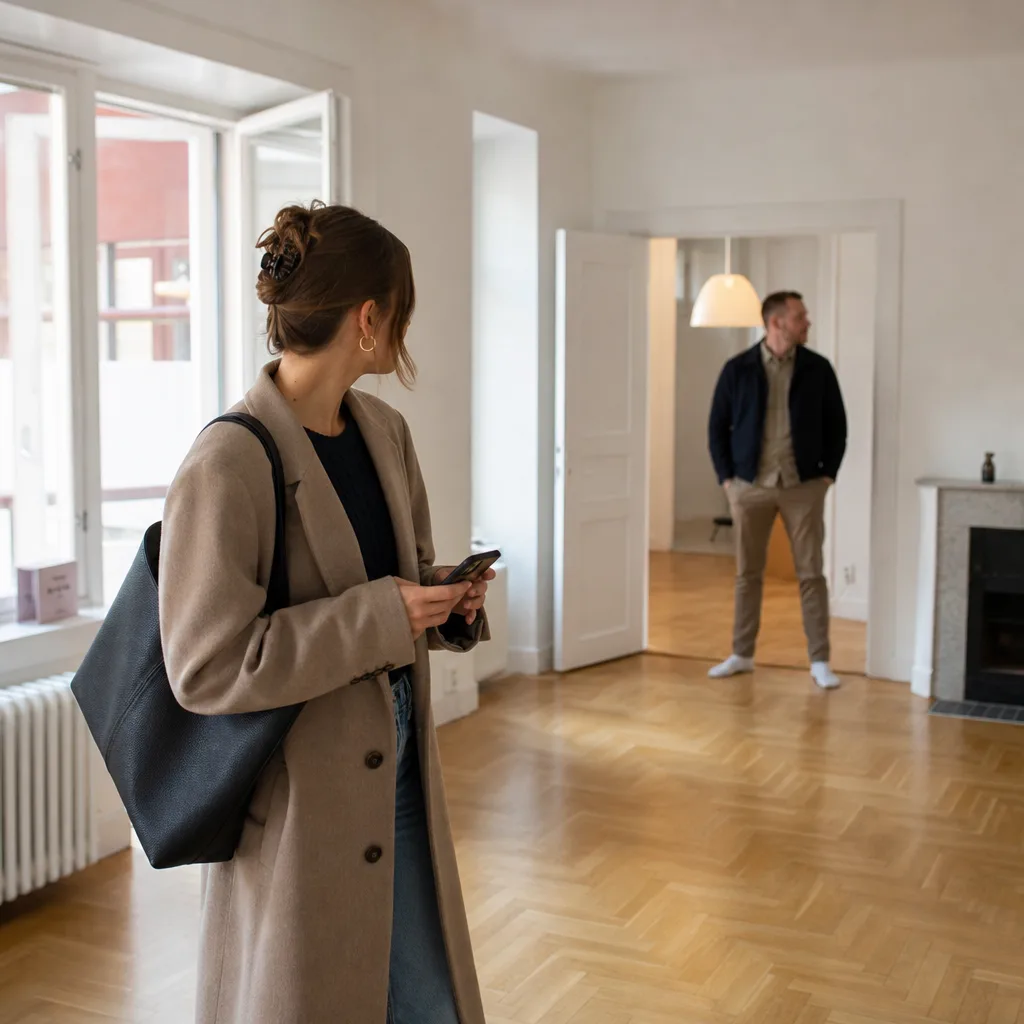 Ung kvinna på lägenhetsvisning tittar sig omkring i ett ljust vardagsrum