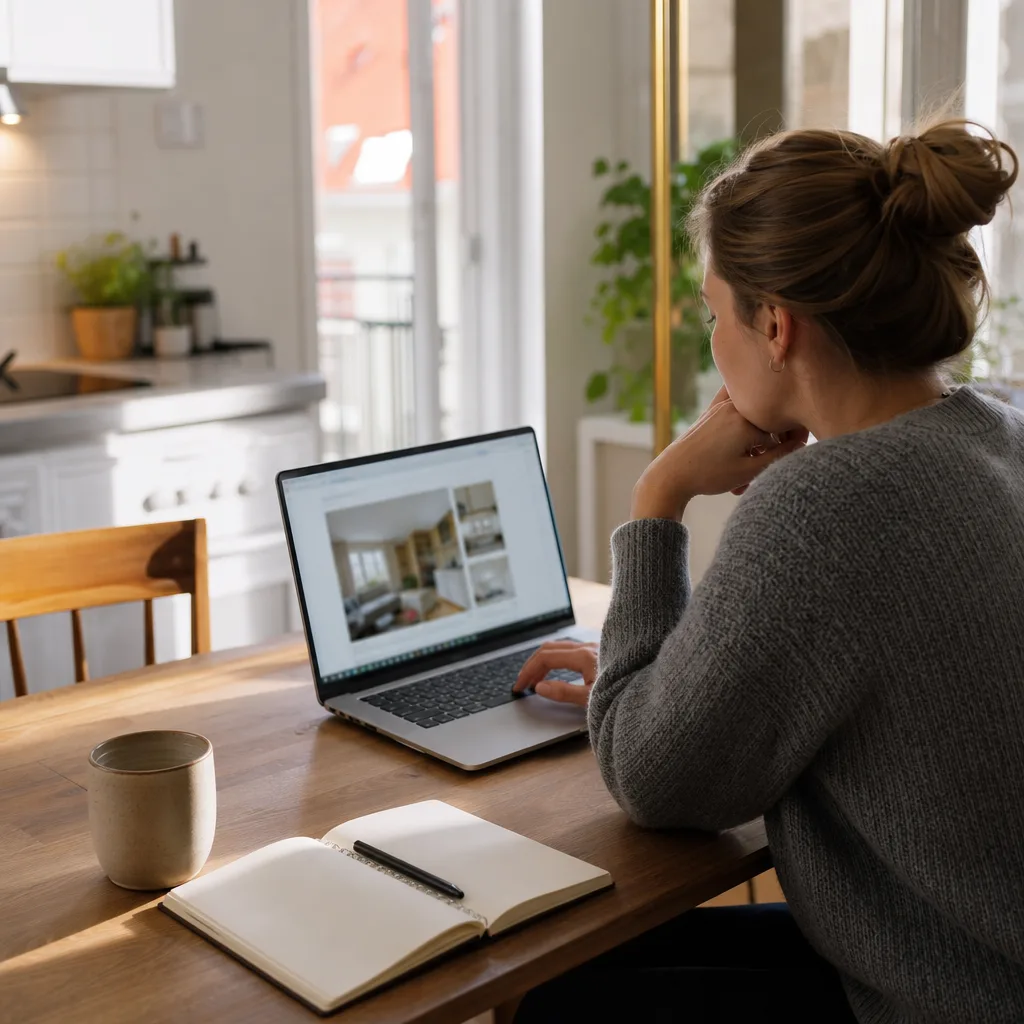 Person sitter vid ett köksbord och söker bostad på en bärbar dator med anteckningar bredvid
