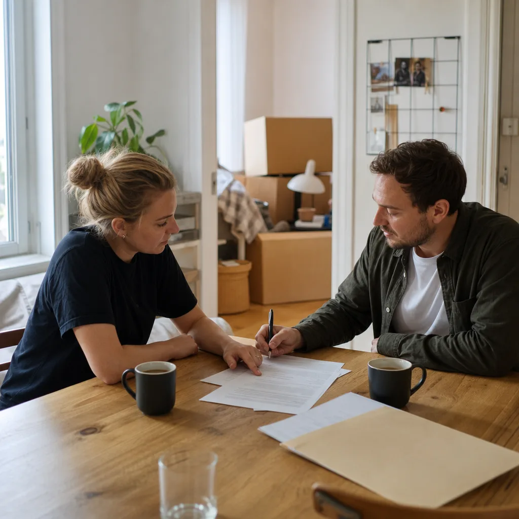 En hyresgäst och en uthyrare går igenom ett hyresavtal vid ett köksbord i en ljus lägenhet