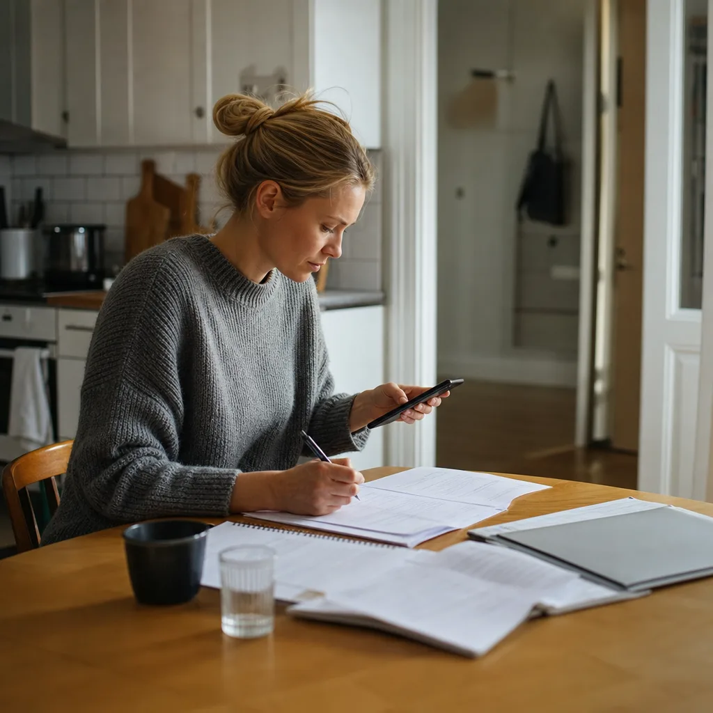 Person går igenom kontraktspapper vid köksbordet inför en bostadsansökan