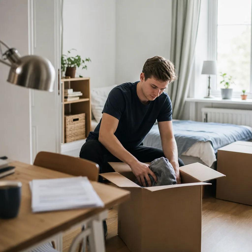 En student packar upp en flyttkartong i ett ljust studentrum med säng och skrivbord