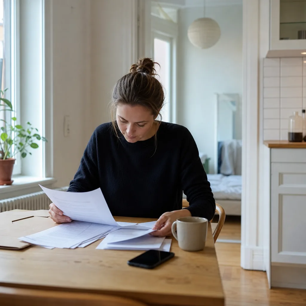 Person går igenom papper om uthyrning vid ett köksbord i en lägenhet