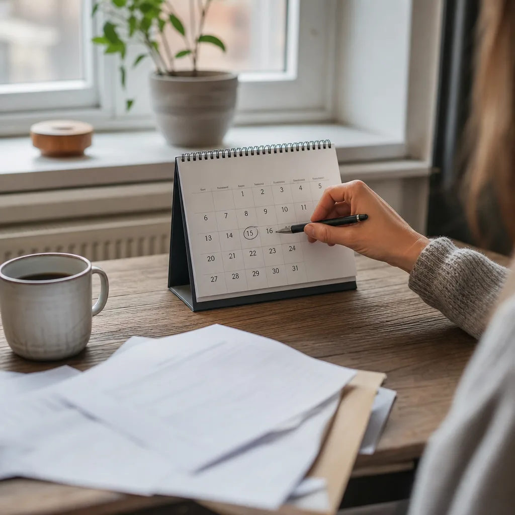 En hand markerar ett datum i en väggkalender vid ett fönster, med en kopp kaffe på bordet