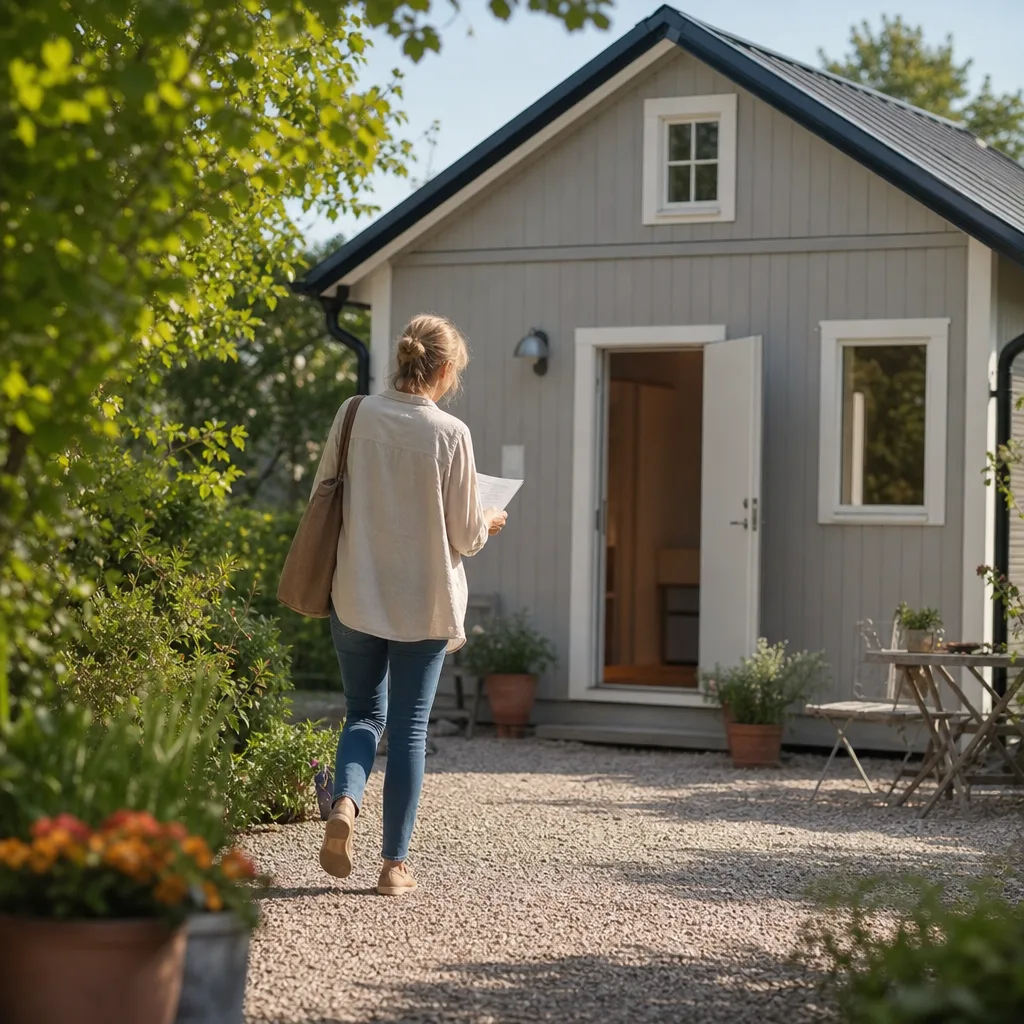 Ett fristående gårdshus i en trädgård en solig dag, med en person på väg mot entrén med papper i handen