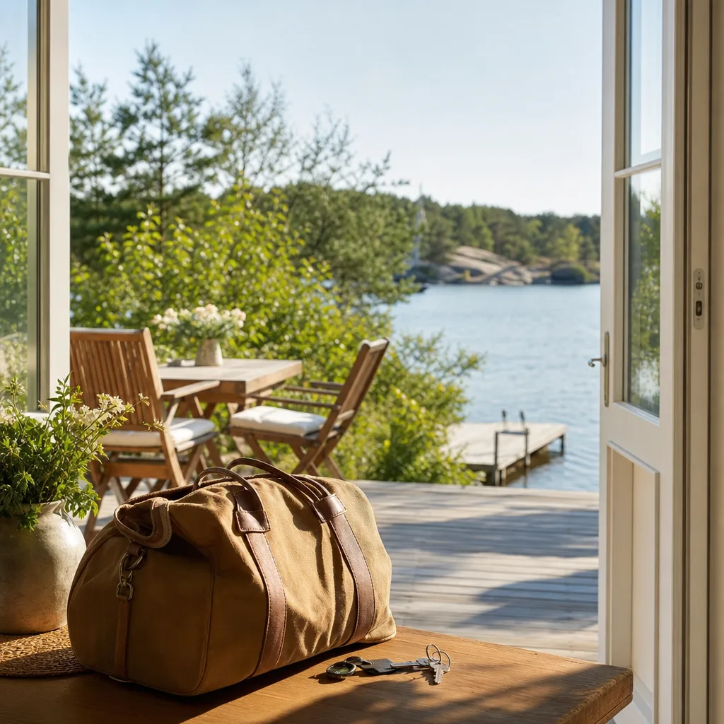 Fritidshus vid vattnet en sommardag med altandörr öppen och nycklar på ett bord