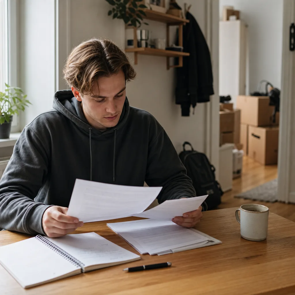 Person går igenom papper om andrahandsuthyrning vid ett köksbord i en studentlägenhet