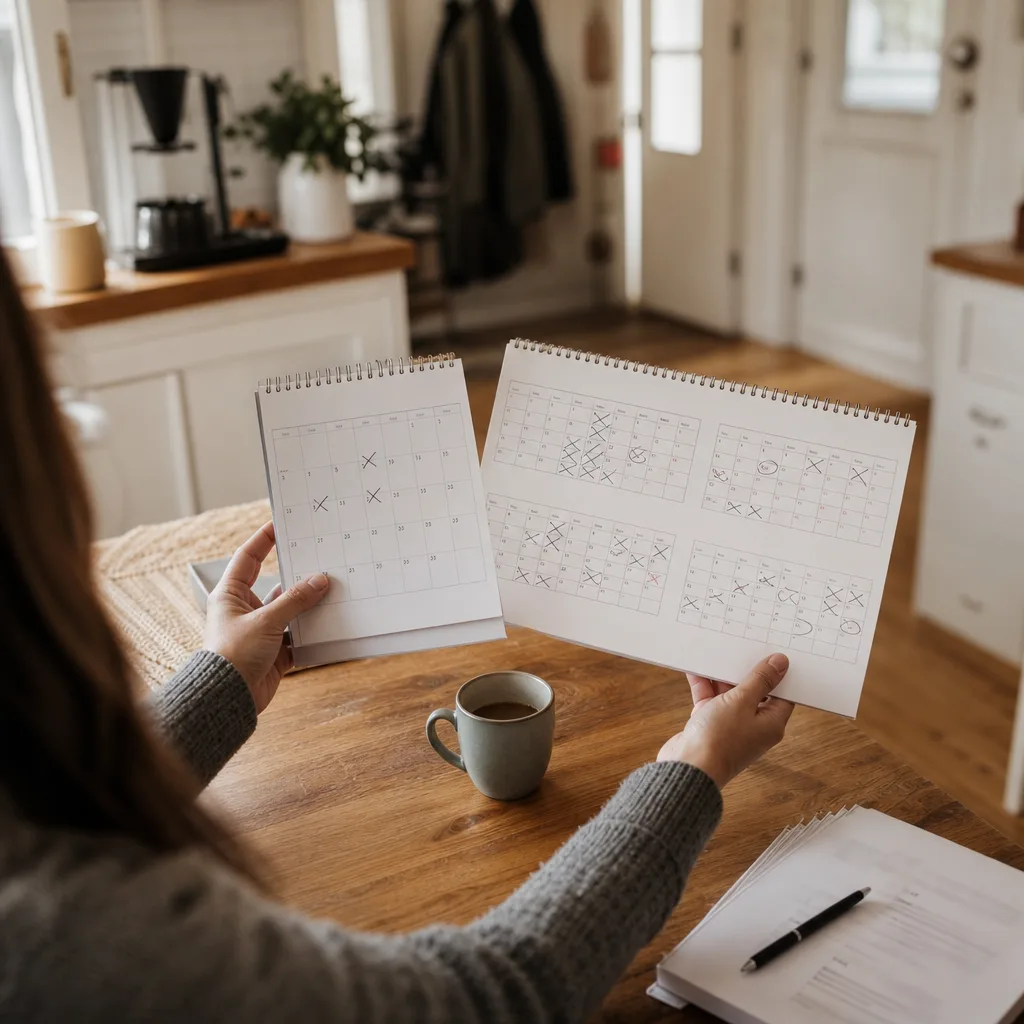 Hand som håller en kalender med få dagar ifyllda bredvid en kalender med flera månader markerade på ett köksbord