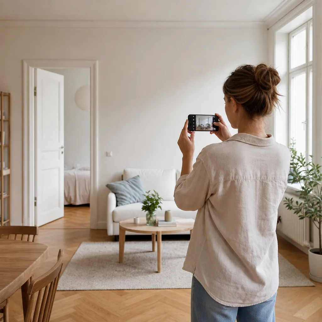 Person fotograferar ett ljust vardagsrum med mobilen inför en bostadsannons