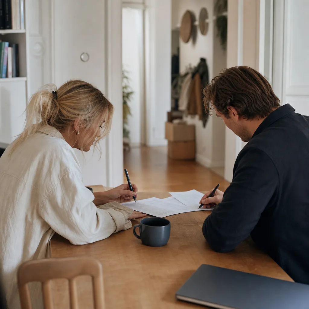 Två personer skriver under ett hyresavtal tillsammans vid ett köksbord