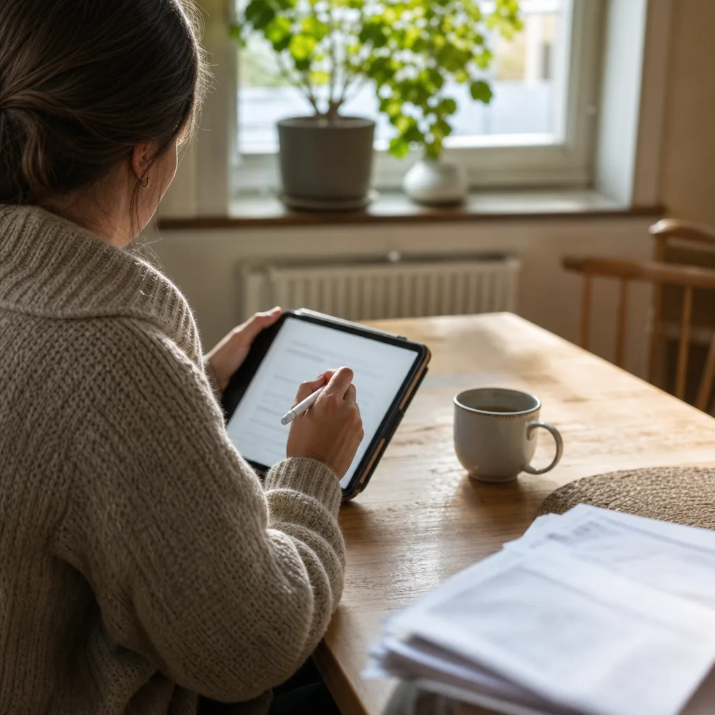 En person signerar ett dokument digitalt vid ett köksbord med en kopp kaffe bredvid