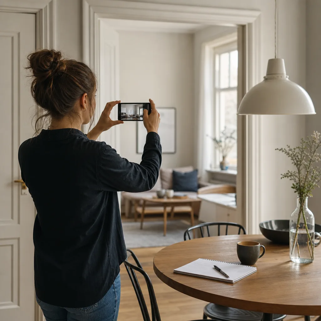 Person fotograferar möbler och köksutrustning i ett rum inför en inventarielista