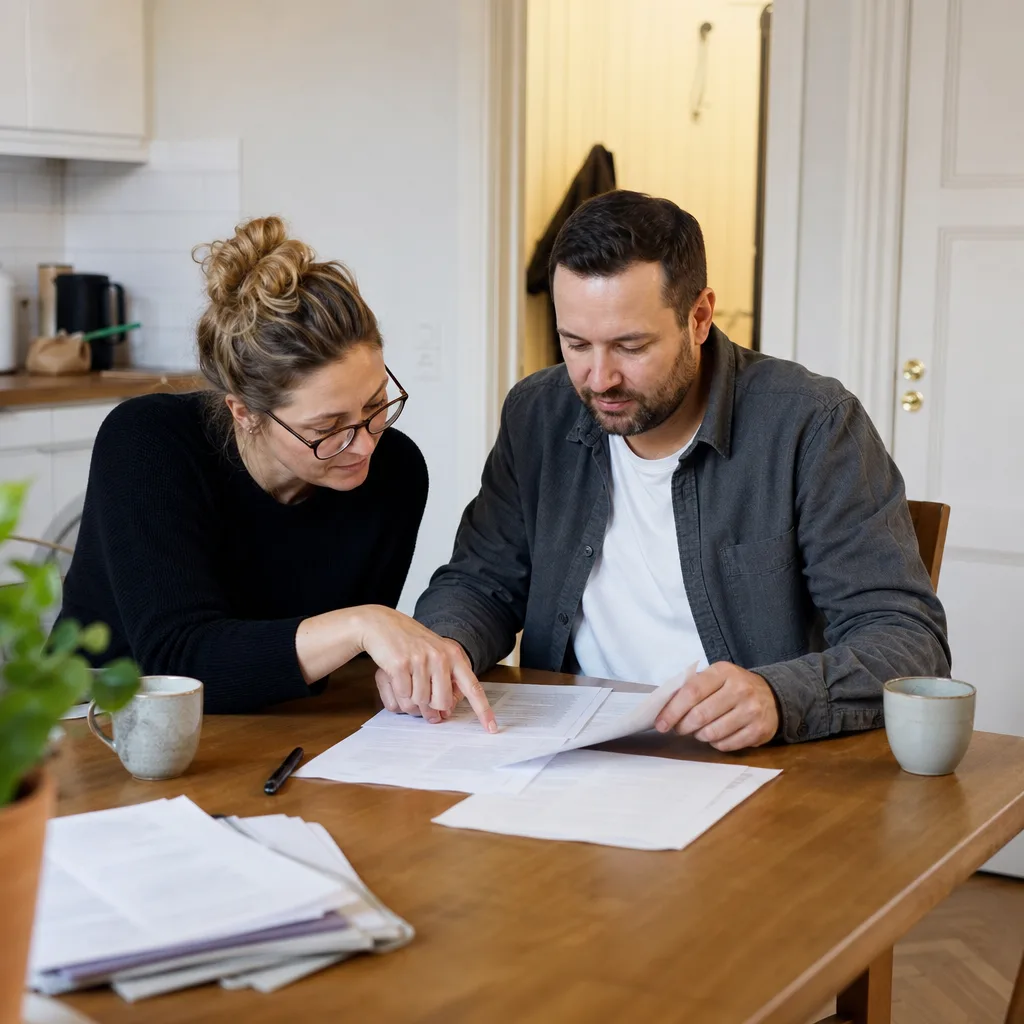 Två personer läser tillsammans igenom ett hyresavtal vid ett köksbord