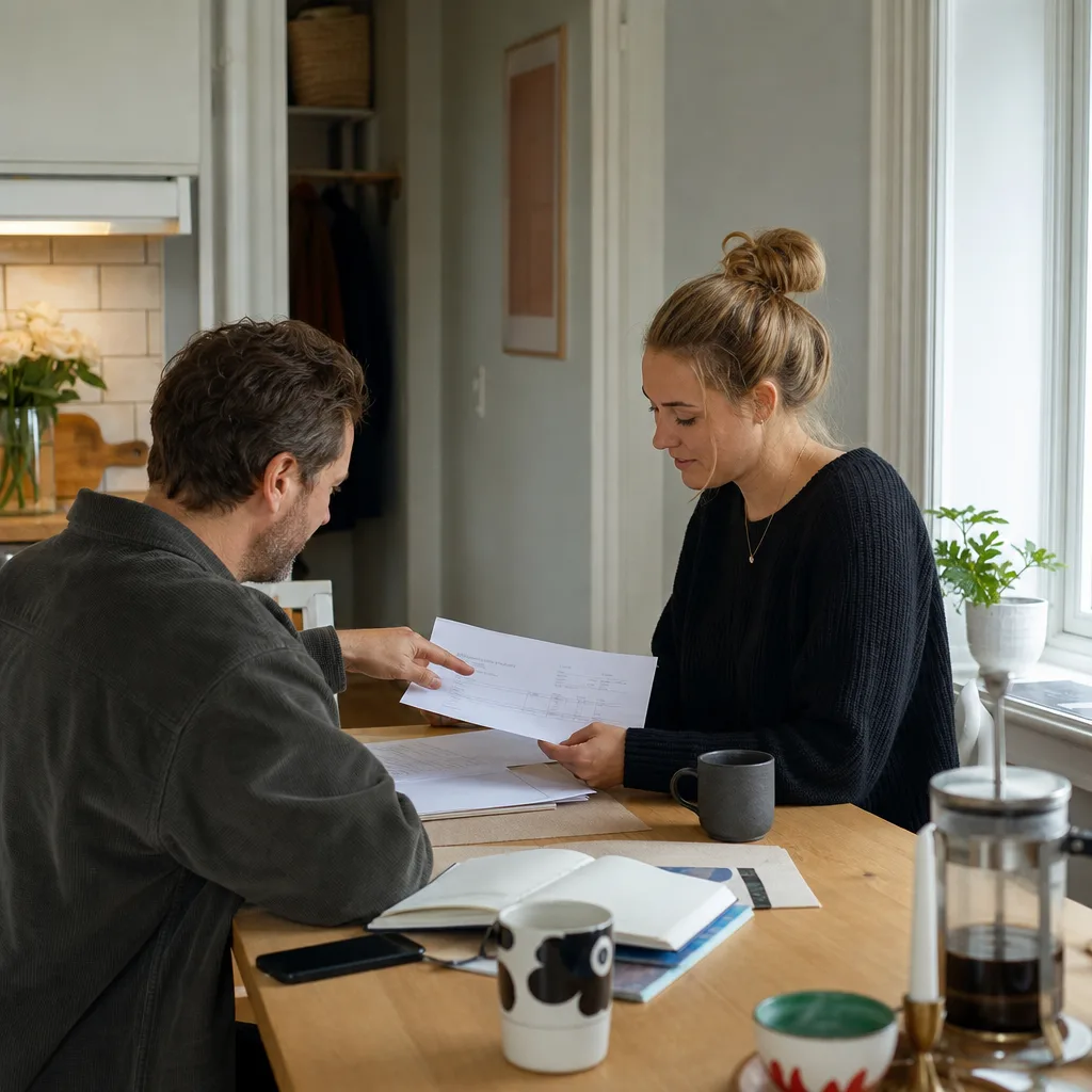 Hyresvärd och andrahandshyresgäst går igenom en hyresspecifikation vid ett köksbord i en möblerad hyresrätt