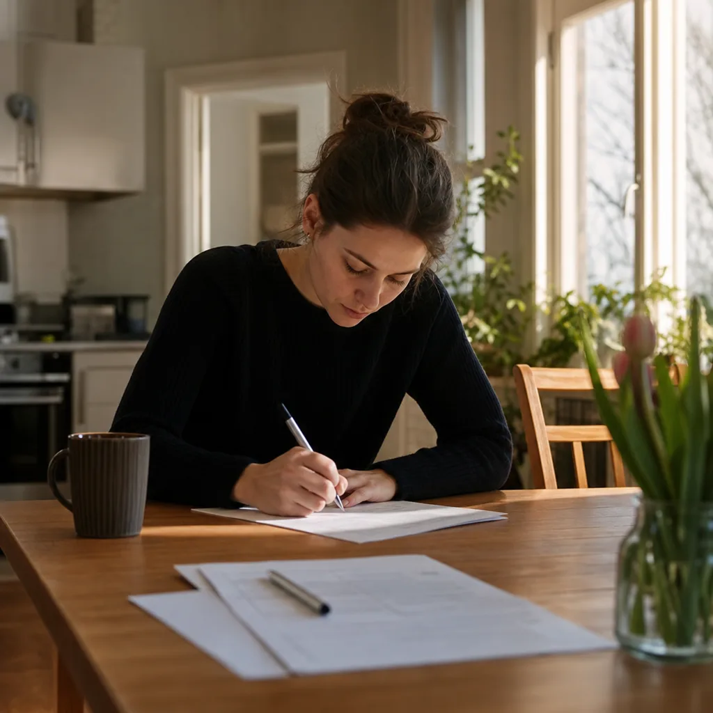 En hyresgäst går igenom en skriftlig ansökan vid köksbordet inför andrahandsuthyrningen