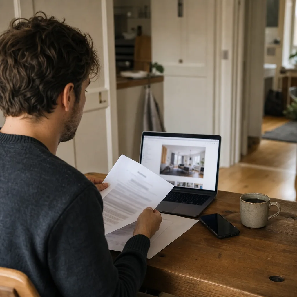 En person går igenom ett hyreskontrakt och en bostadsannons på en bärbar dator vid ett köksbord innan en betalning görs