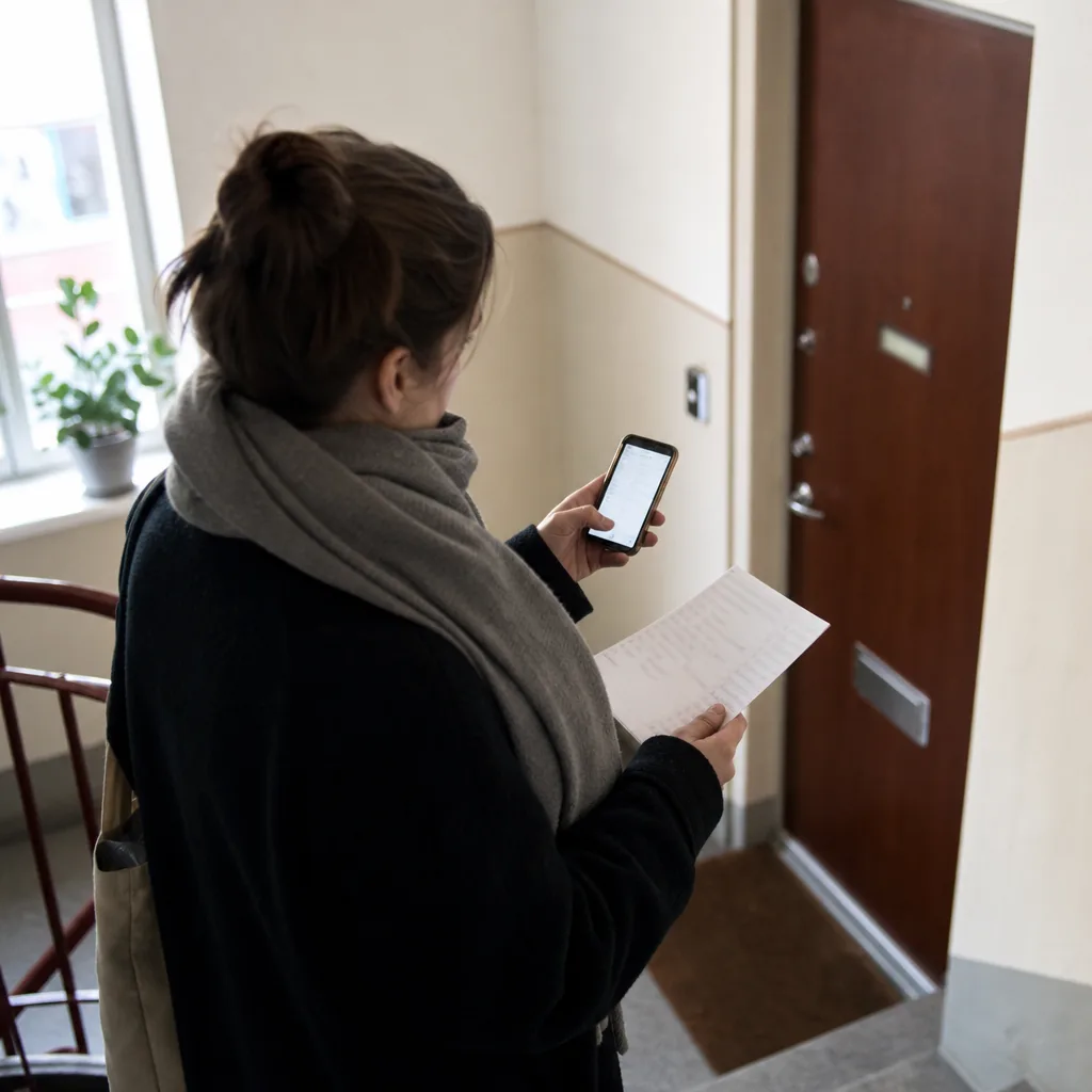 En person i ett trapphus söker upp en fastighetsbeteckning på mobilen innan hen ringer på en lägenhetsdörr
